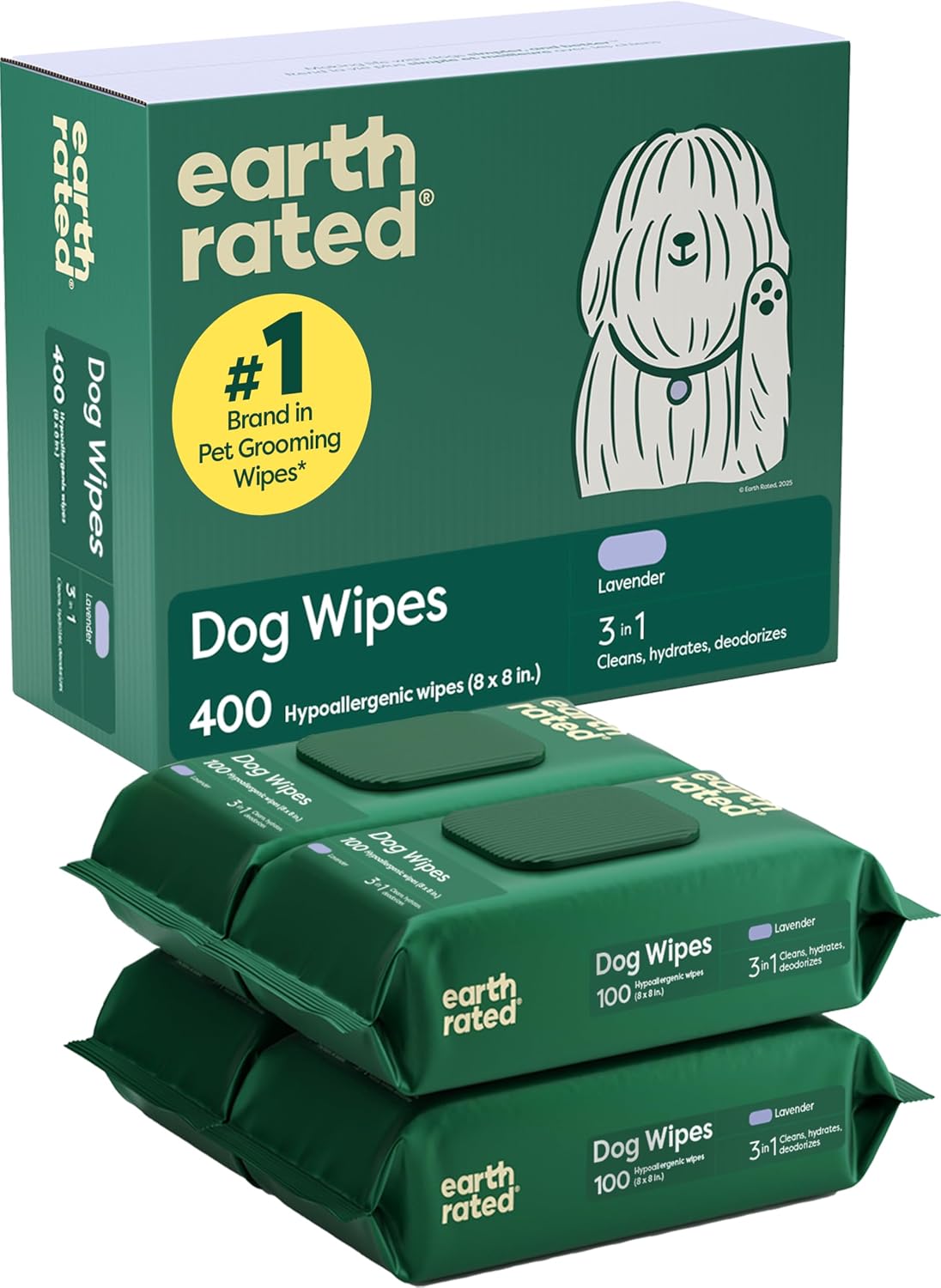 Earth Rated Dog Wipes for Paws & Butt, Deodorizing, Lavender, 400ct | Hypoallergenic, 3-in-1 Cleaning and Hydrating, for Groo
