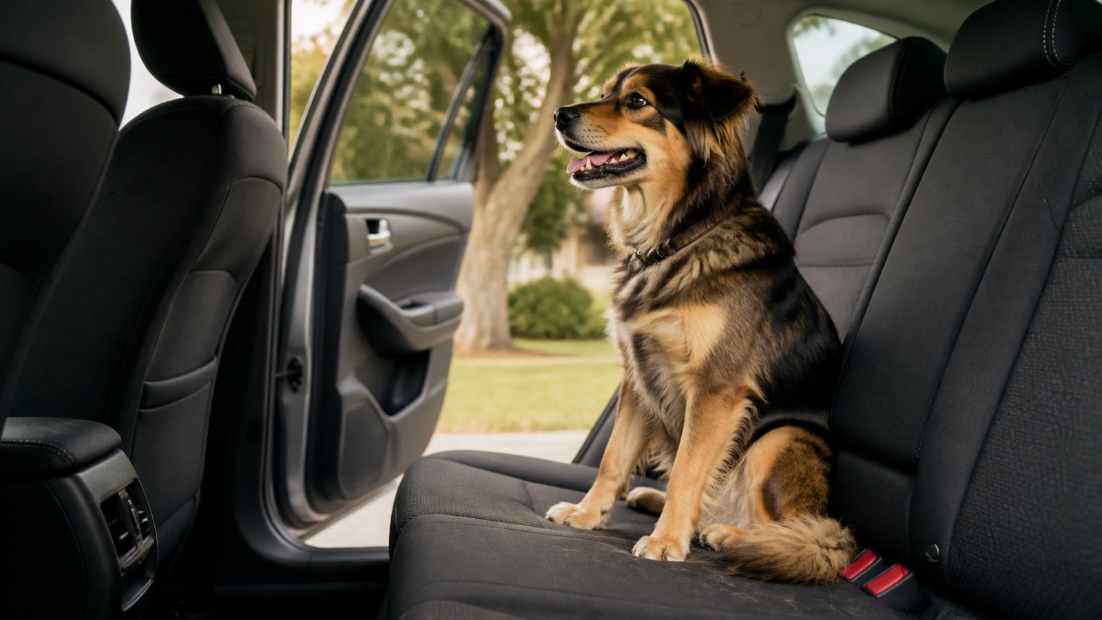 A dog sitting on a protected back seat inside a clean car