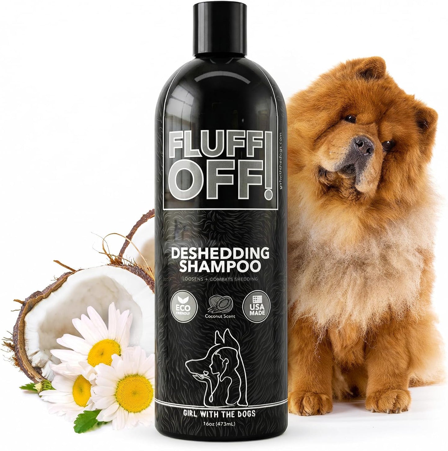Fluff Off! by Girl With The Dogs, Natural Deshedding Dog & Cat Shampoo, 16 Oz, Made in USA, 8 Wks+