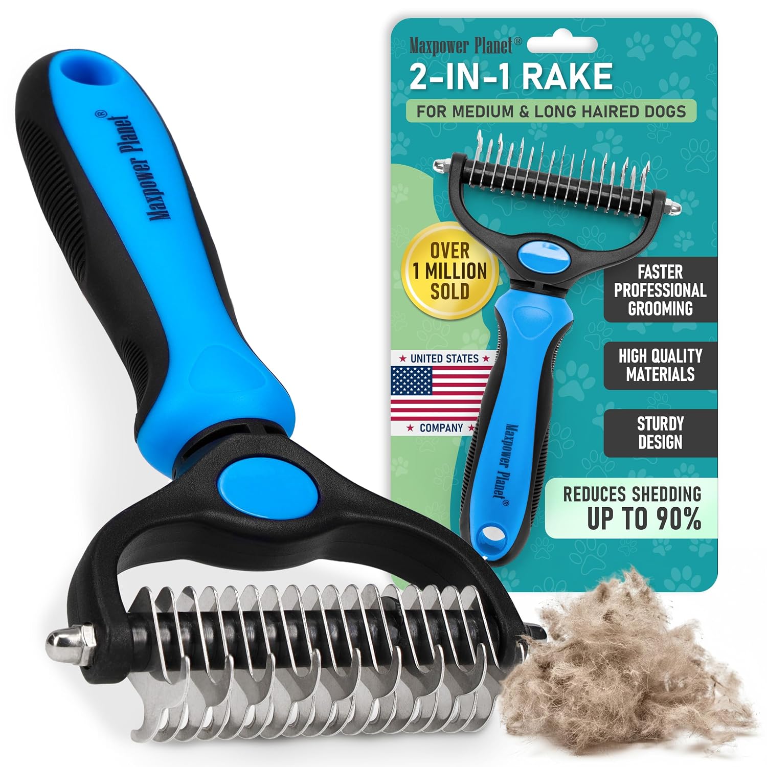 Maxpower Planet Dog Grooming Rake, Deshedding Undercoat Brush, Dogs & Cats | Blue Deshedding & Dematting, Extra-Wide Double-S