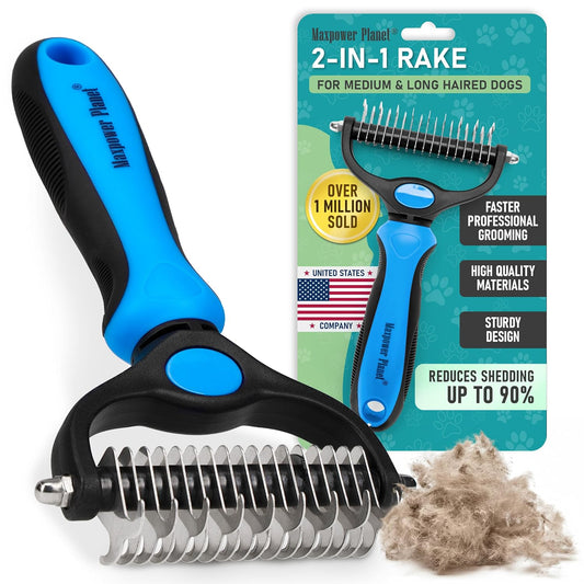 Maxpower Planet Dog Grooming Rake, Deshedding Undercoat Brush, Dogs & Cats | Blue Deshedding & Dematting, Extra-Wide Double-S