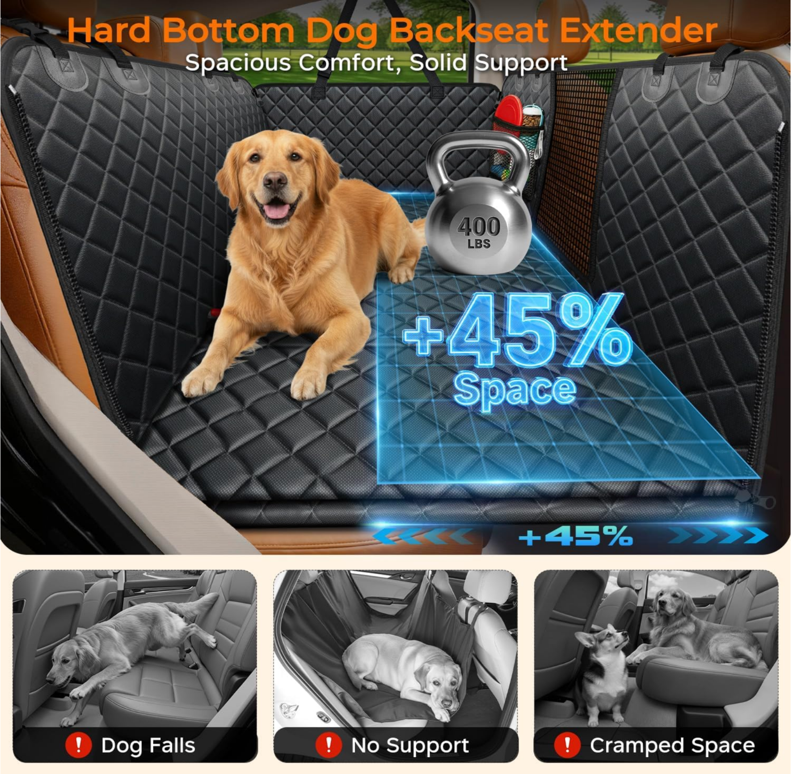 URPOWER Backseat Extender for Dogs - Hard Bottom Dog Car Seat Cover for Back
