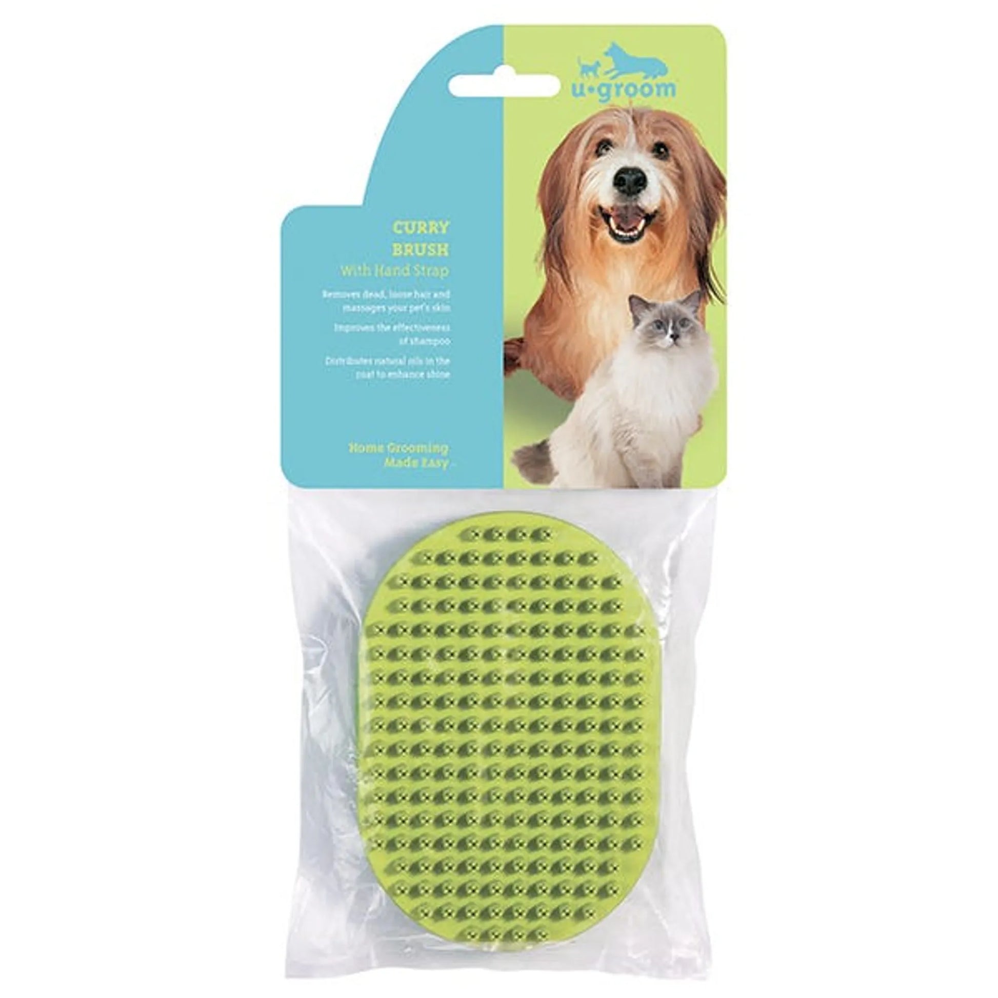 u-Groom oval rubber curry brush in its retail packaging
