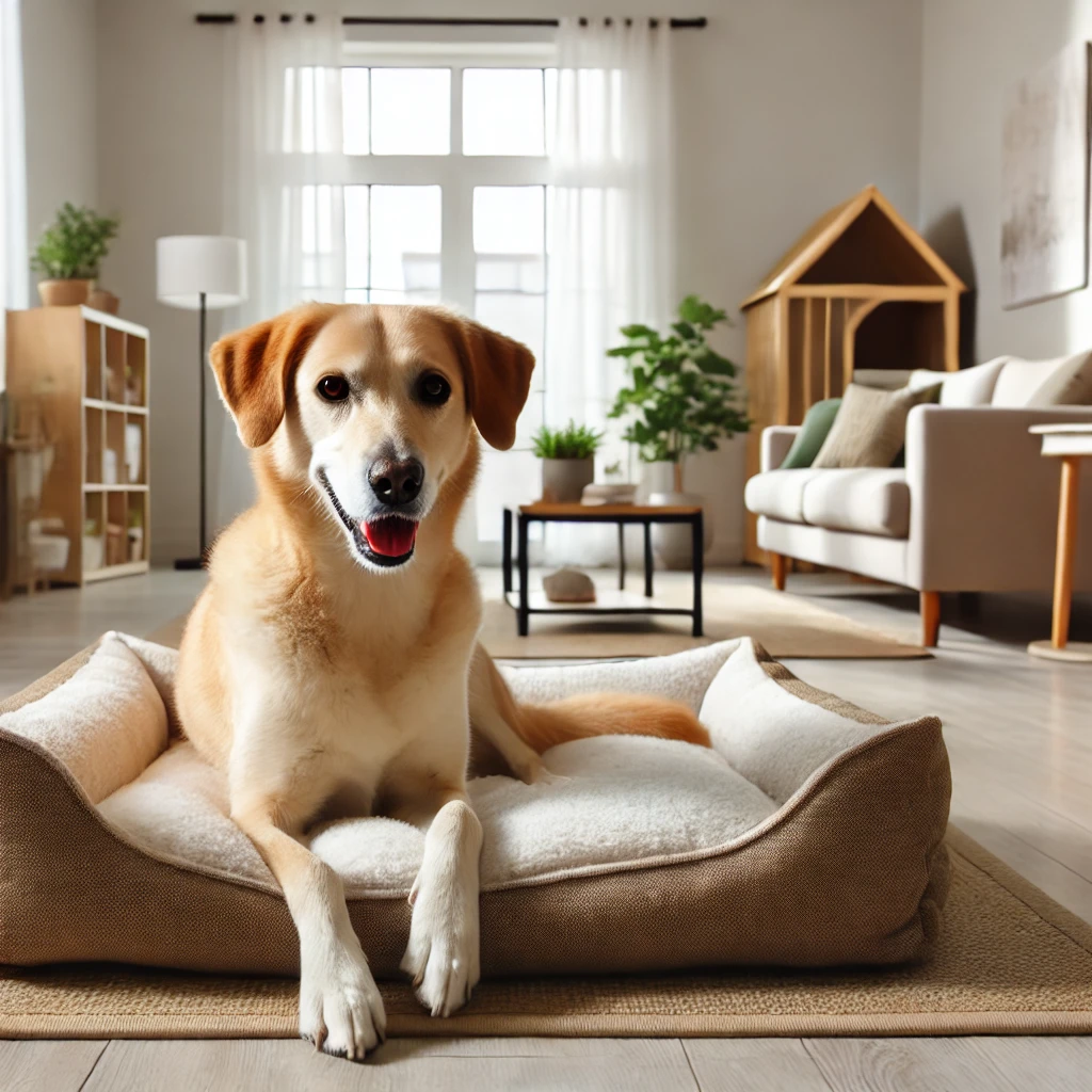 DALL·E 2025 04 13 02.06.08 A cozy, allergen free living room with a dog relaxing on a clean dog bed. The room is bright, modern, and pet friendly with minimal clutter and a soft