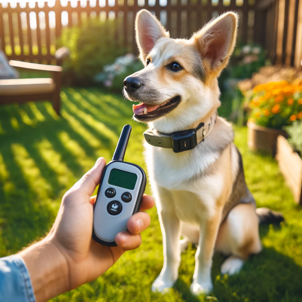 DALL·E 2025 04 13 02.45.56 A friendly dog sitting calmly with a Dogcare style remote dog training collar on, outdoors in a sunny backyard. The collar has a visible small receive