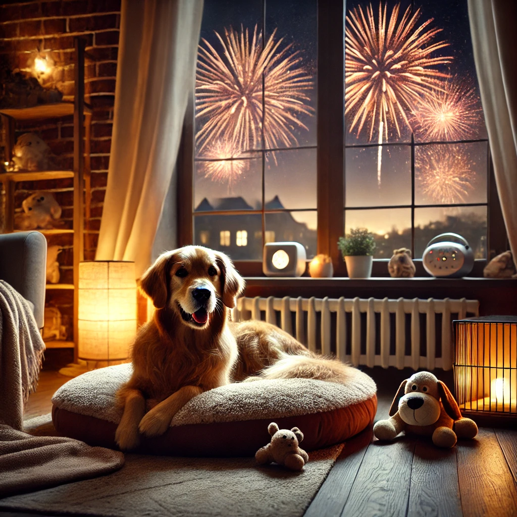 DALL·E 2025 04 13 02.59.44 A cozy, calm indoor scene showing a golden retriever lying peacefully on a soft dog bed in a dimly lit room, while fireworks are going off outside the