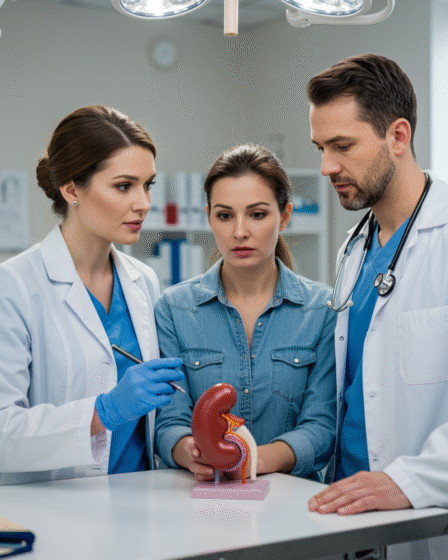 veterinarian explaining kidney disease treatment options to a worried couple in a modern clinic, using a model of a dog's kidney,