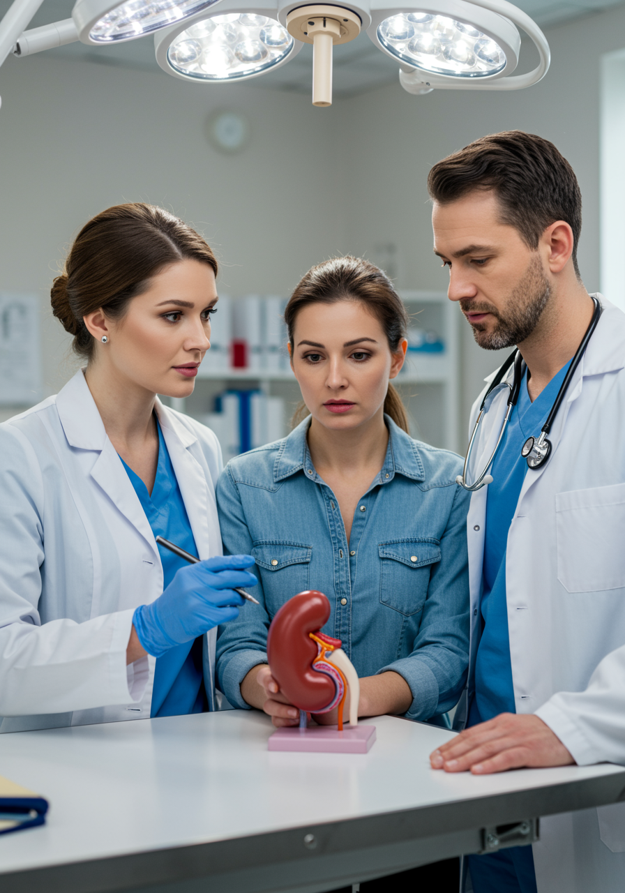 veterinarian explaining kidney disease treatment options to a worried couple in a modern clinic, using a model of a dog's kidney,