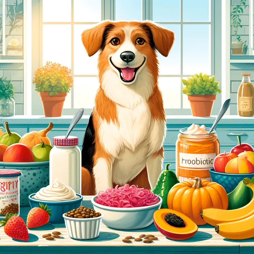 colorful and engaging illustration featuring a variety of dog friendly probiotic foods. The image should depict a happy, healthy dog