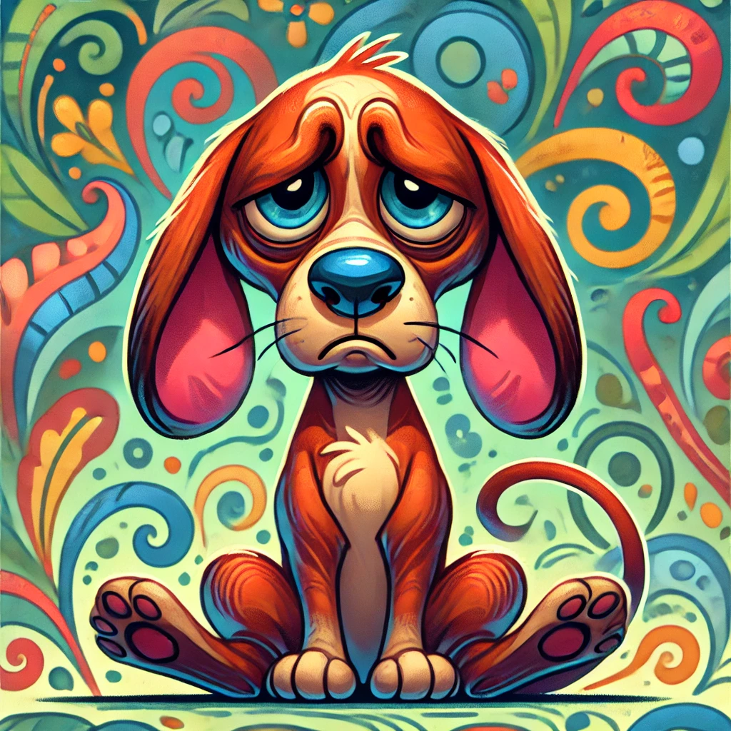 DALL·E 2024 06 17 17.37.45 An unhappy dog sitting with a sad expression, its ears drooping and eyes looking down, in a cartoon style with exaggerated features, bright colors, an