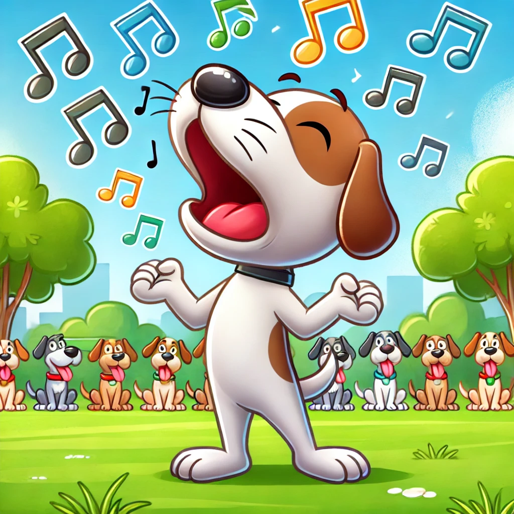DALL·E 2024 06 23 09.15.32 A cartoon showing a dog crooning in a park. The dog is standing on its hind legs with its mouth open, as if singing. There are musical notes floating