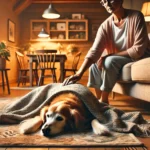 DALL·E 2025 01 26 14.08.52 A cozy living room with warm lighting, featuring a senior dog lying on a soft blanket on a comfortable couch. In the foreground, a person is gently pe