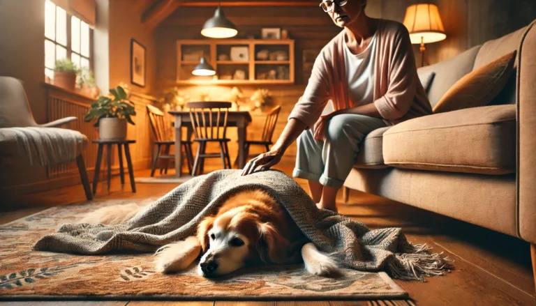 DALL·E 2025 01 26 14.08.52 A cozy living room with warm lighting, featuring a senior dog lying on a soft blanket on a comfortable couch. In the foreground, a person is gently pe