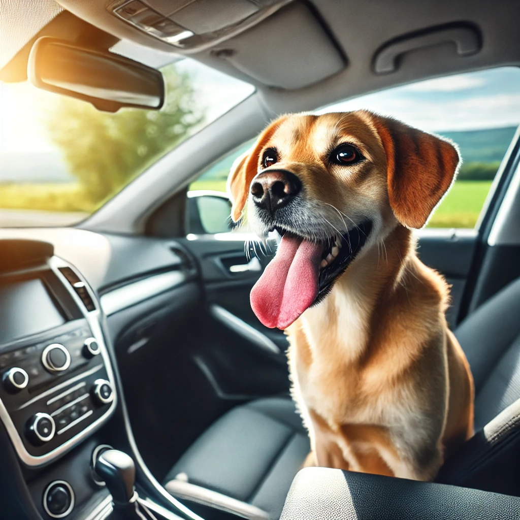 A happy dog panting inside a car, sitting on the passenger seat with its tongue out. The dog looks excited, with sunlight streaming through the window