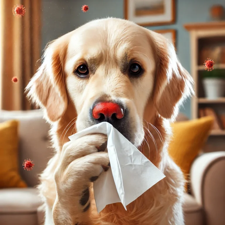 DALL·E 2025 03 10 20.07.00 A golden retriever with allergies, holding a tissue up to its nose with its paw while sneezing. The dog has a red nose, watery eyes, and looks slightl