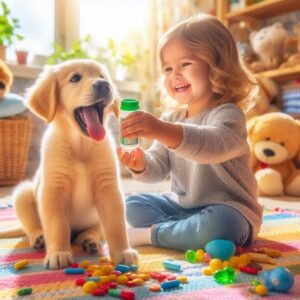 a happy puppy being given his vitamins