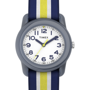 TIMEX TIME MACHINES® 29mm Blue/Yellow Stripe Elastic Fabric Kids Watch
